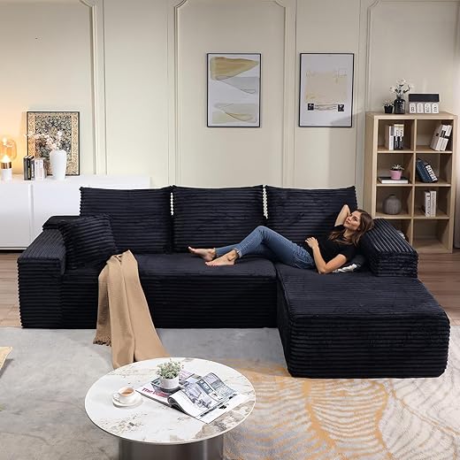 95.8" Cloud Sectional Couch with L-Shape Chaise, Modern Modular Comfy Sofa Chaise Longue, Upholstered Corduroy Couches Sleeper with Deep Seat for Living Room Bedroom, No Assembly Required, Black