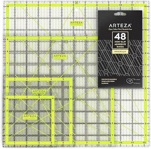 ARTEZA Quilting Rulers Set of 4, Acrylic Square Quilting Rulers for Sewing and Fabric Cutting, 4.5 x 4.5, 6 x 6, 9.5 x 9.5, 12.5 x 12.5 Inch, Dual-Color Grid, 30/45/60 Degree, 48 Non-Slip Rings