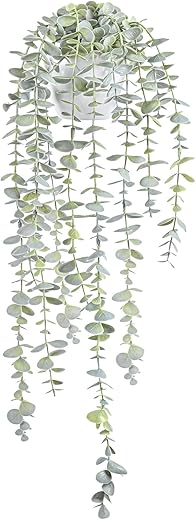 Decorative Hanging Plants for Shelf, Faux Ivy Eucalyptus Vine, Fake Greenery in White Bigger Pot (Light Green, 1PCS)