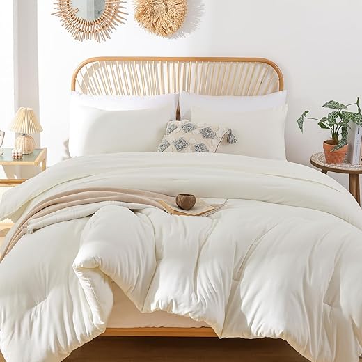 ROSGONIA King Size Comforter Set Ivory, 3pcs (1 Boho Comforter & 2 Pillowcases) All Season Bedding Soft Lightweight Bedspread Cozy Blanket Quilt