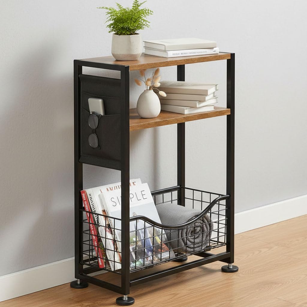 Skinny Side Table with Storage, 3 Tier Slim Side Tables for Small Spaces, Skinny End Table Narrow Bedside Table Narrow Side Table for Living Room, Bedroom