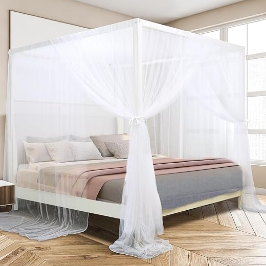 South to East White Canopy Bed Curtains, 4 Corner Post Bed Canopy for Girls & Adults, Top Luxurious Bed Drapes for Bedroom Decoration, 4 Openings, 100% Ripstop Polyester, Easy Install, King Size