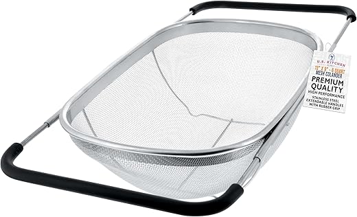 U.S. Kitchen Supply Stainless Steel Colander Strainer - 6-Quart Collapsible Colander with Expandable Rubber Handles - Rectangular Sieve, Fine Mesh Stainless Steel Strainers and Colanders for Kitchen