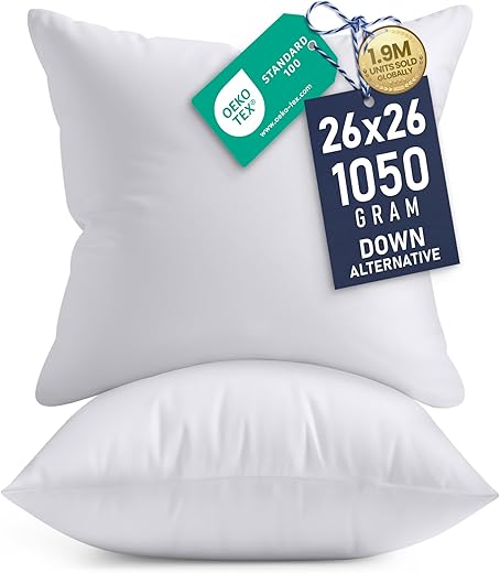 Utopia Bedding 26x26 Pillow Inserts, Set of 2, White – Indoor Decorative Throw Pillows for Bed, Sofa & Couch – Soft, Supportive & Fluffy Cushion Inserts