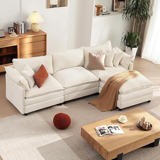 Vesgantti 108" Modular Sectional Sofa, Comfy Cloud Couch with Movable Ottoman Deep Seat Chenille L Shaped Modular Sofa, Sectional Couches for Living Room, Bedroom and Apartment, Beige | Sink-in Comfort, Height Adjustable, Easy Rearrangement, Extra-deep Ottoman, Solid Wood Frame