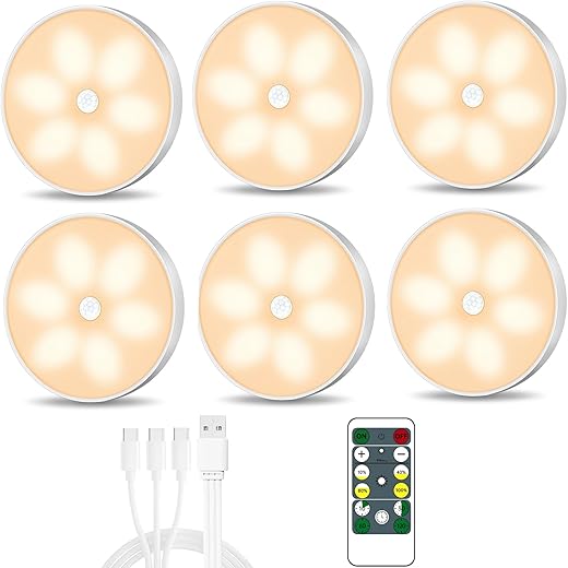 19 Best Renter Friendly Peel and Stick Products Warm Color LED Closet Lights Motion Sensor Puck Light, USB Rechargeable Battery Operated Puck Step Lights, Dimmable Under Cabinet Lighting for Counter Wardrobe Kitchen (6 Pack)