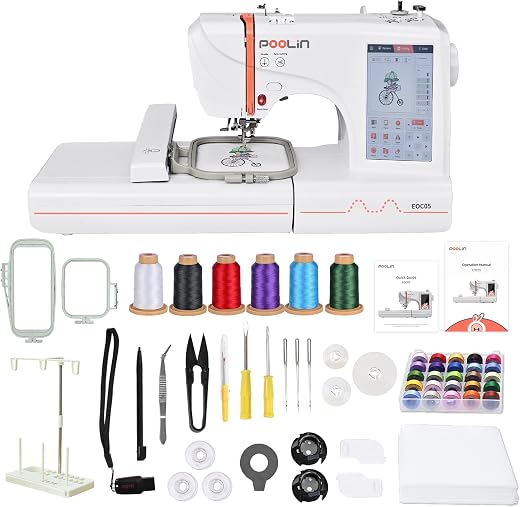 EOC05 Embroidery Machine 4x9.25 Inches Large Embroidery Area, Computerized 7 Inches Large LCD Touchscreen for Beginners, Include Threads Stabilizers Bobbins USB Quick Guide and Instructions