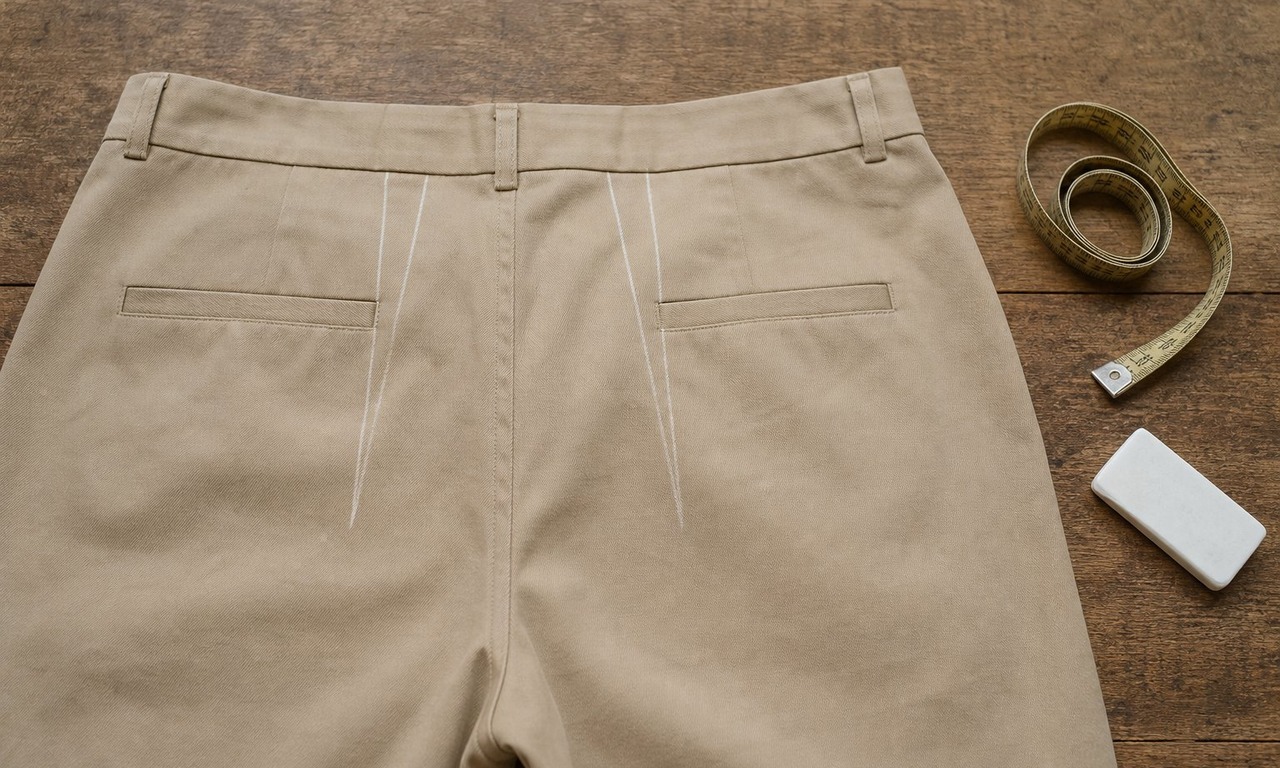 Two tailor's chalk darts marked on the back of beige trousers below the waistband
