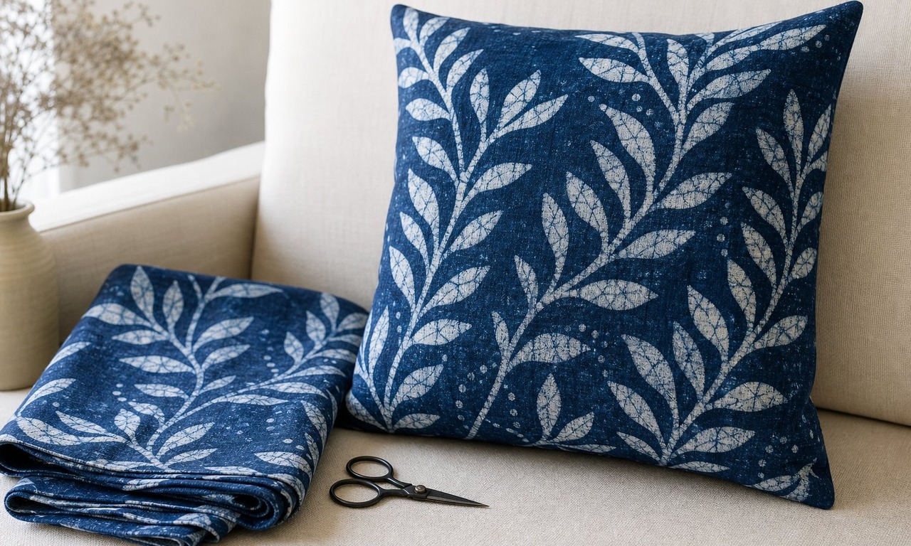 A finished cushion cover in indigo batik cotton with a leaf motif on a pale sofa, with a folded length of matching fabric beside it
