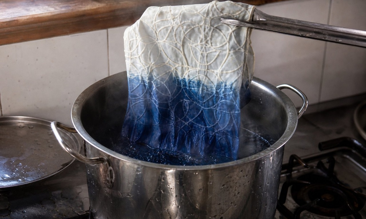 A resist treated length of cotton lifted dripping from a stainless steel pot of deep blue dye, held with metal tongs over the pot on a kitchen hob