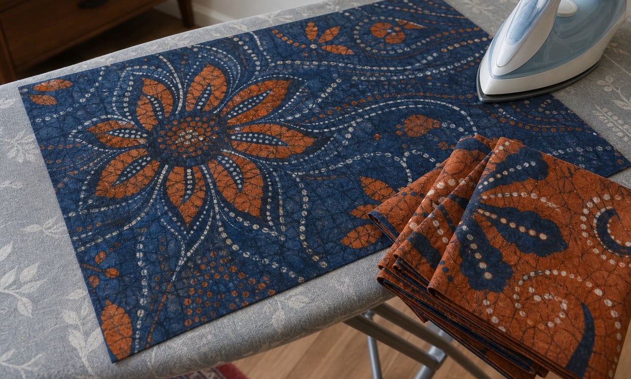 A finished batik panel in indigo and rust cotton being pressed flat on an ironing board with a folded contrast piece beside it
