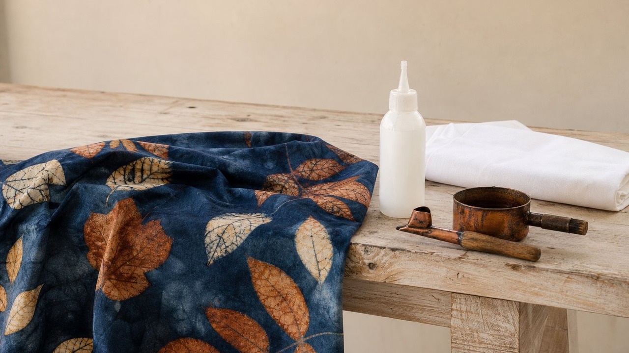 A length of indigo and rust batik cotton draped over a pale wooden bench beside a squeeze bottle of glue and a wax pot