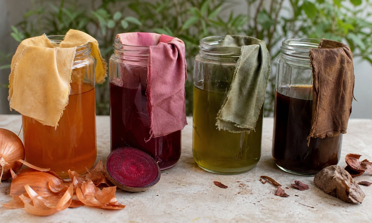 Four glass jars of home made dye in amber, deep red, olive green and brown standing in a row on a pale counter with scraps of dyed cotton beside them