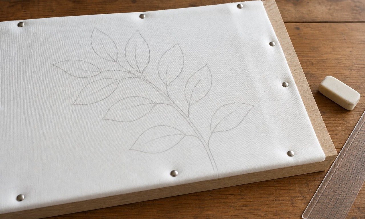 A pencil outline of a simple leaf motif drawn on smooth washed cotton stretched over a board, with a soft eraser and a ruler at the edge