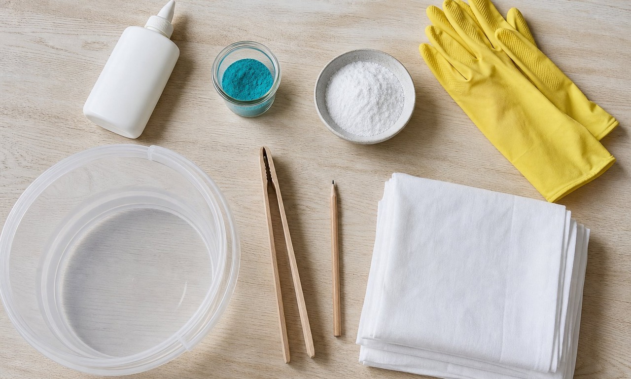 An overhead flat lay of a glue bottle, a small jar of dye powder, a tub of soda ash, rubber gloves, a plastic bucket and folded white cotton on a pale table