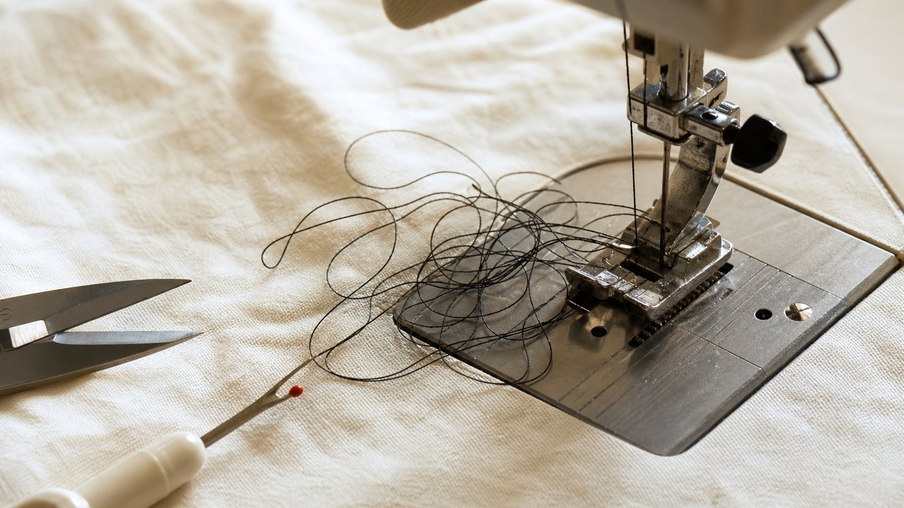 Sewing machine needle plate with tangled thread loops beside a presser foot on cotton fabric