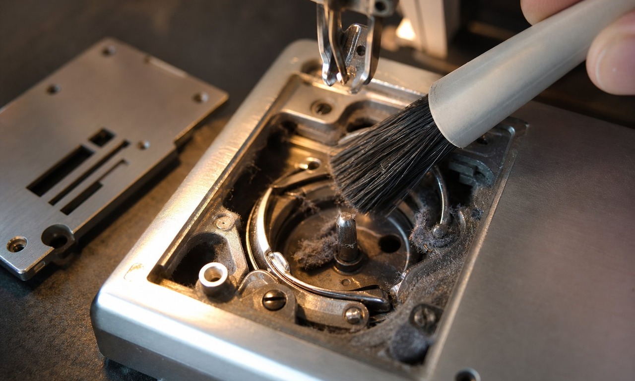 Bristle brush clearing lint from the open bobbin race of a sewing machine with the needle plate removed