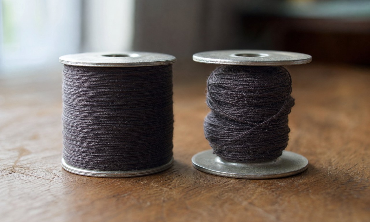 Two bobbins side by side, one wound evenly across its width and one with thread heaped in the middle