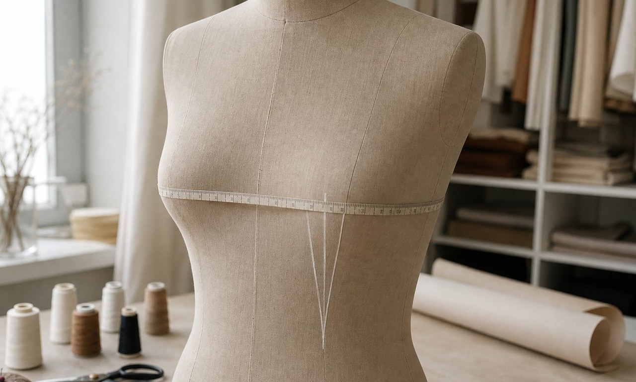 A tape measure around a dress form at the bust line with chalk marks showing the under-bust dart position