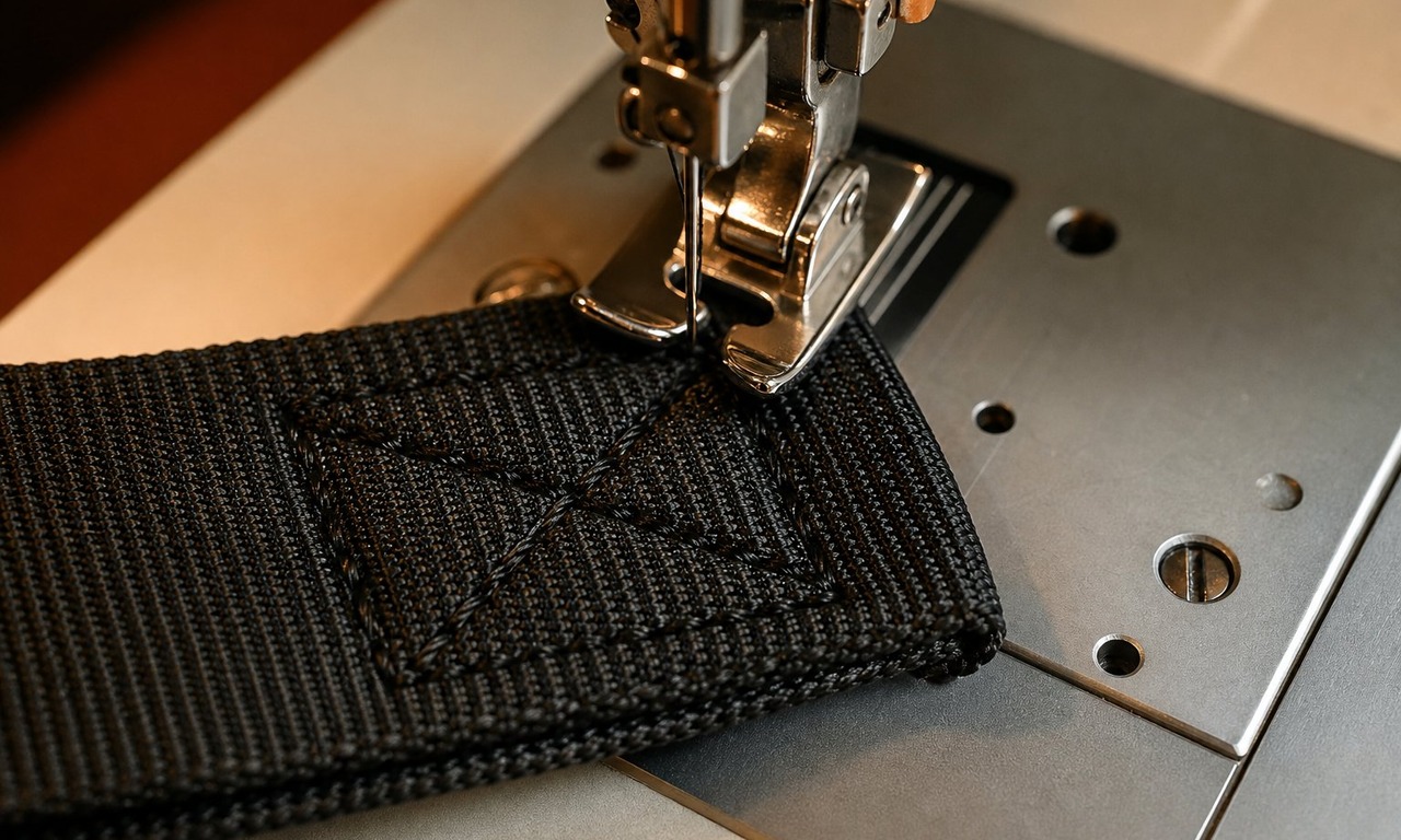 Box X stitch sewn in black thread across folded black webbing on a sewing machine