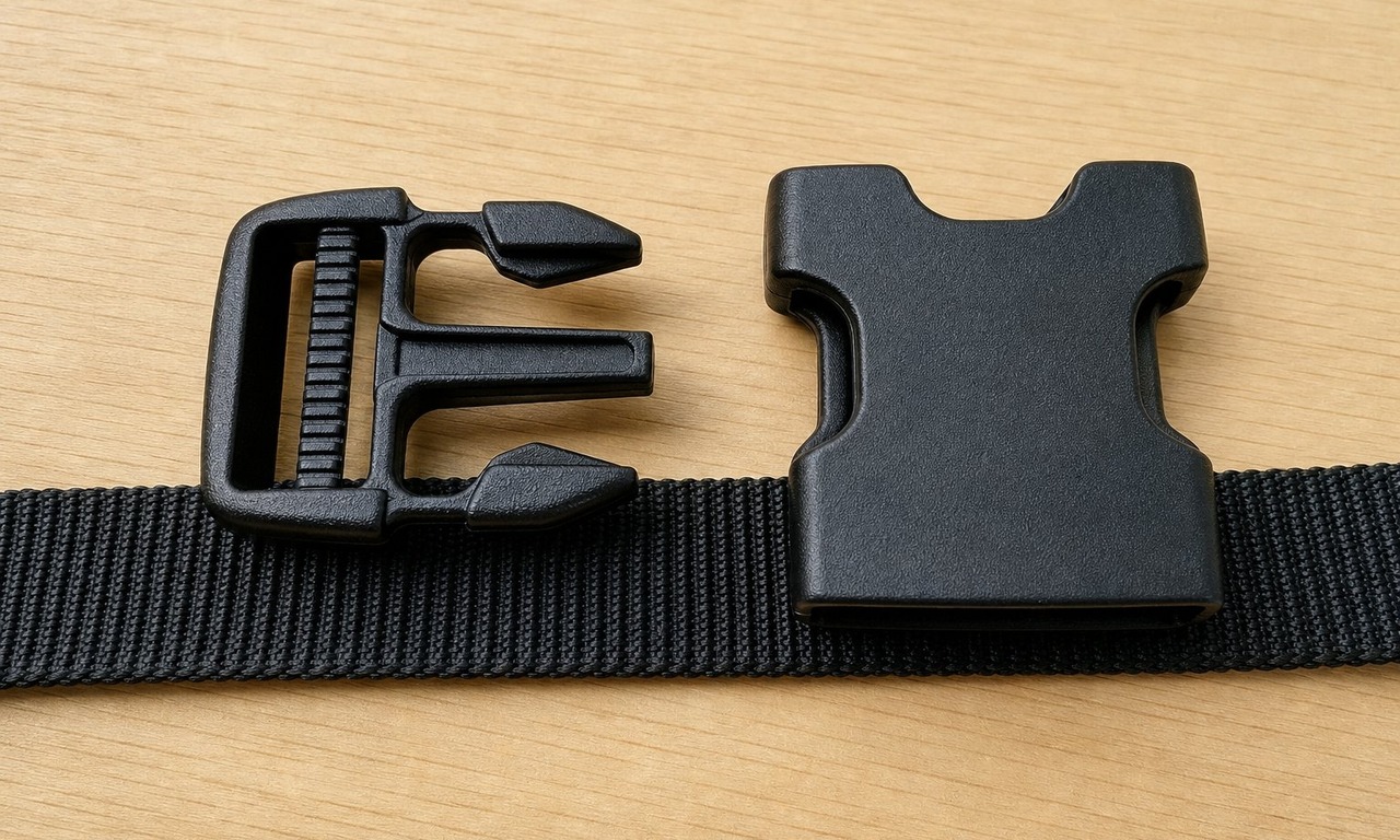 Male and female halves of a black side release buckle beside a length of one inch webbing