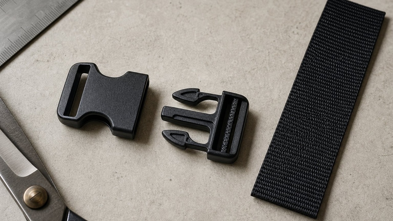 Black side release buckle halves and one inch webbing laid out on a pale workbench