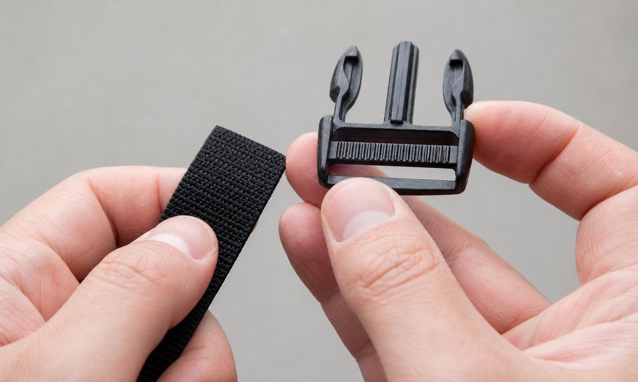 Hands holding a male side release buckle with the ribbed centre bar facing the camera