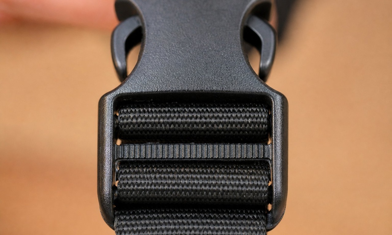 Close-up of black webbing threaded over the ribbed centre bar of a male side release buckle