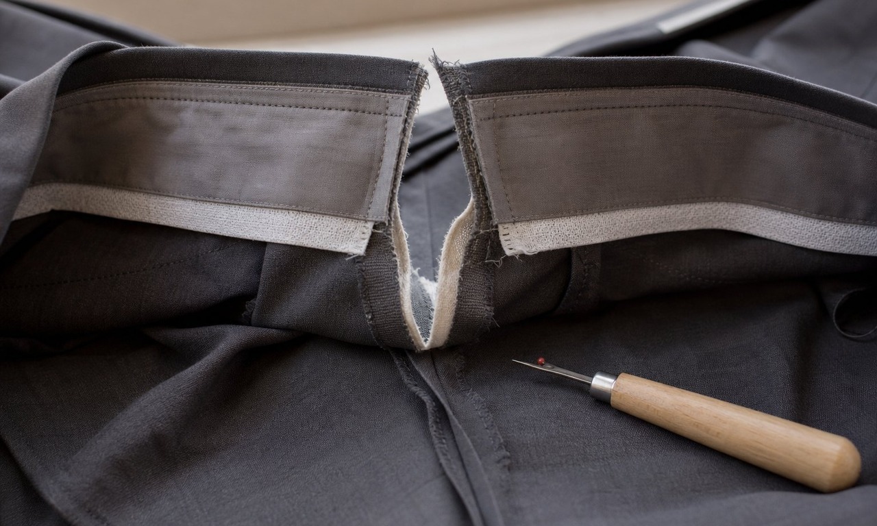 The inside of a trouser waistband at the centre back, opened with a seam ripper, showing the seam allowance