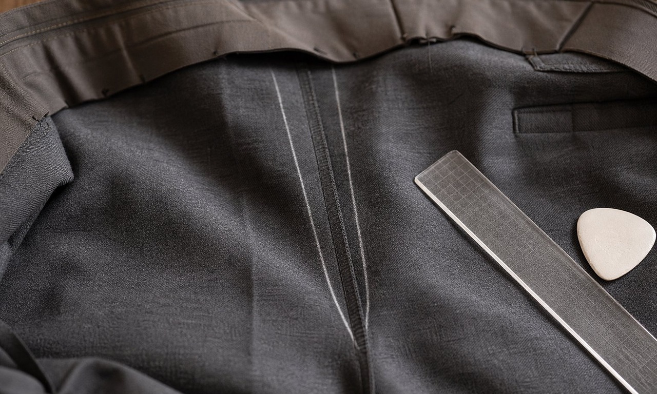 Two tailor's chalk lines drawn either side of a trouser centre back seam, tapering together below the waistband