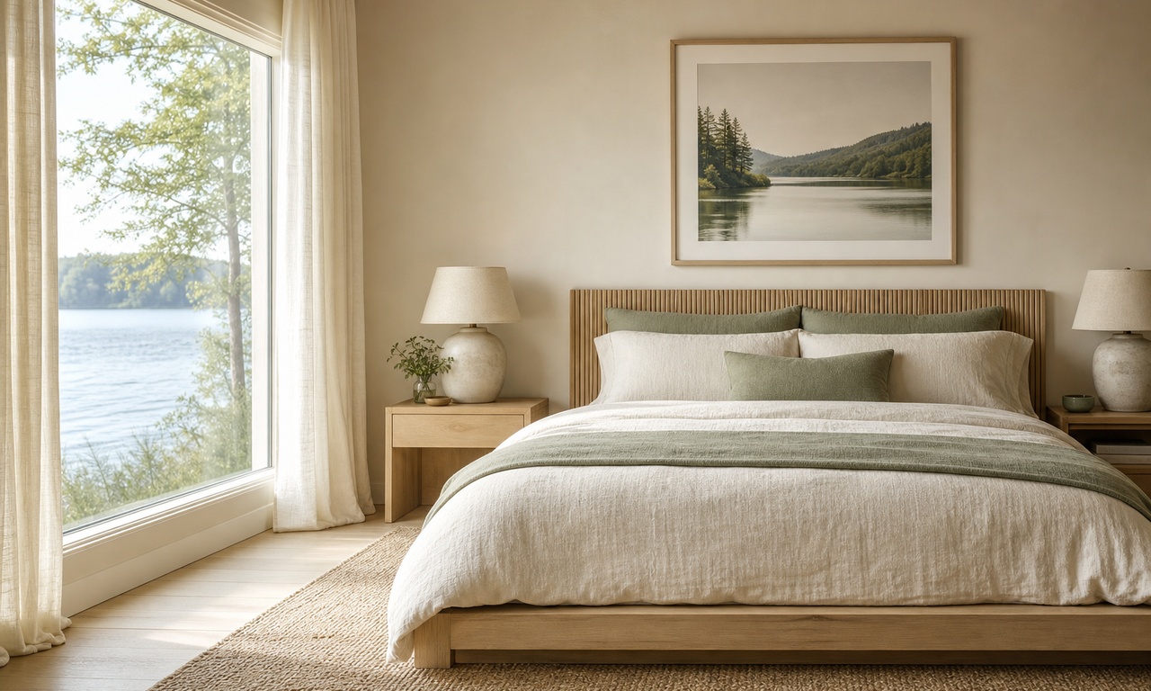A lake house bedroom with a slatted oak headboard, pale linen bedding and a framed lake print centred above the bed.