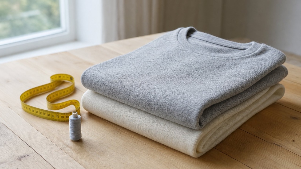 Two folded knit t-shirts stacked on a pale wooden table with a tape measure and a spool of thread