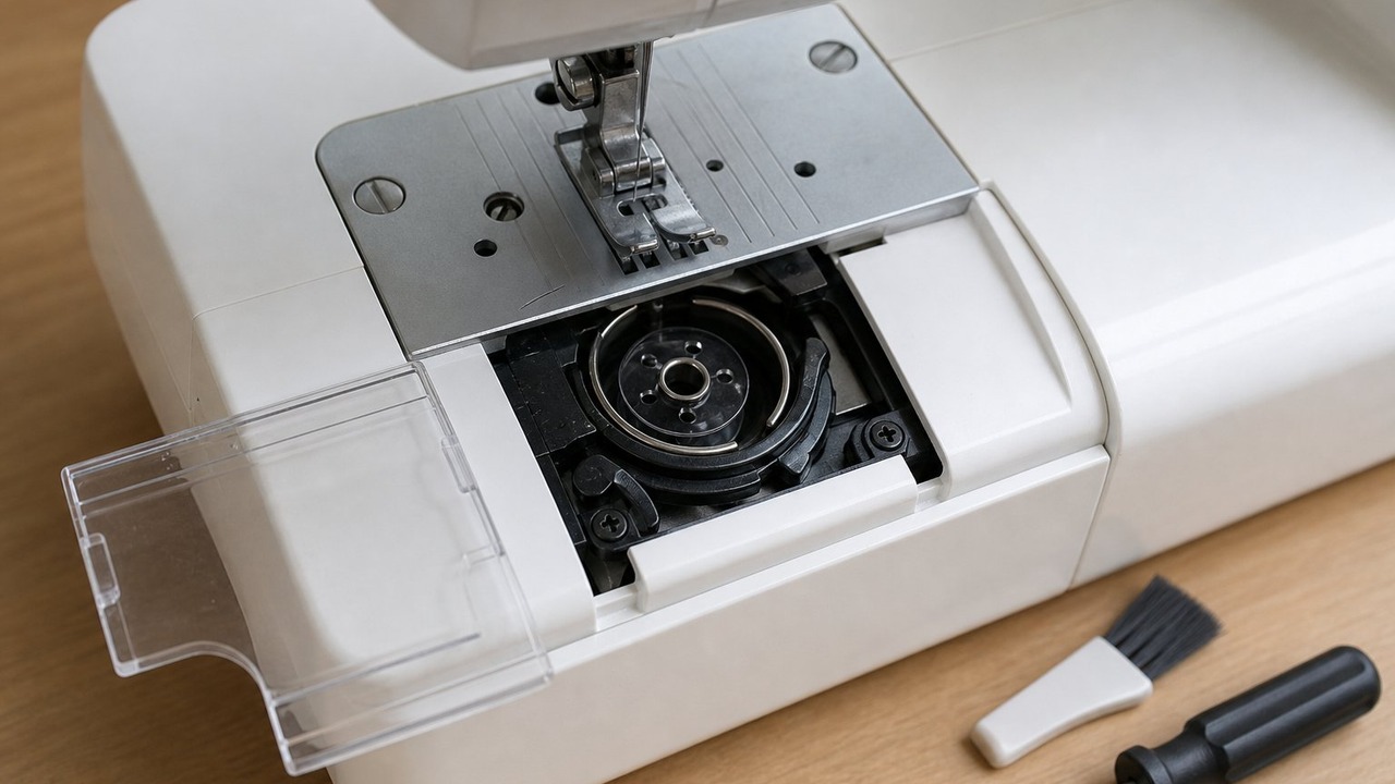 Janome bobbin area with the clear cover open showing a plastic bobbin seated in the race