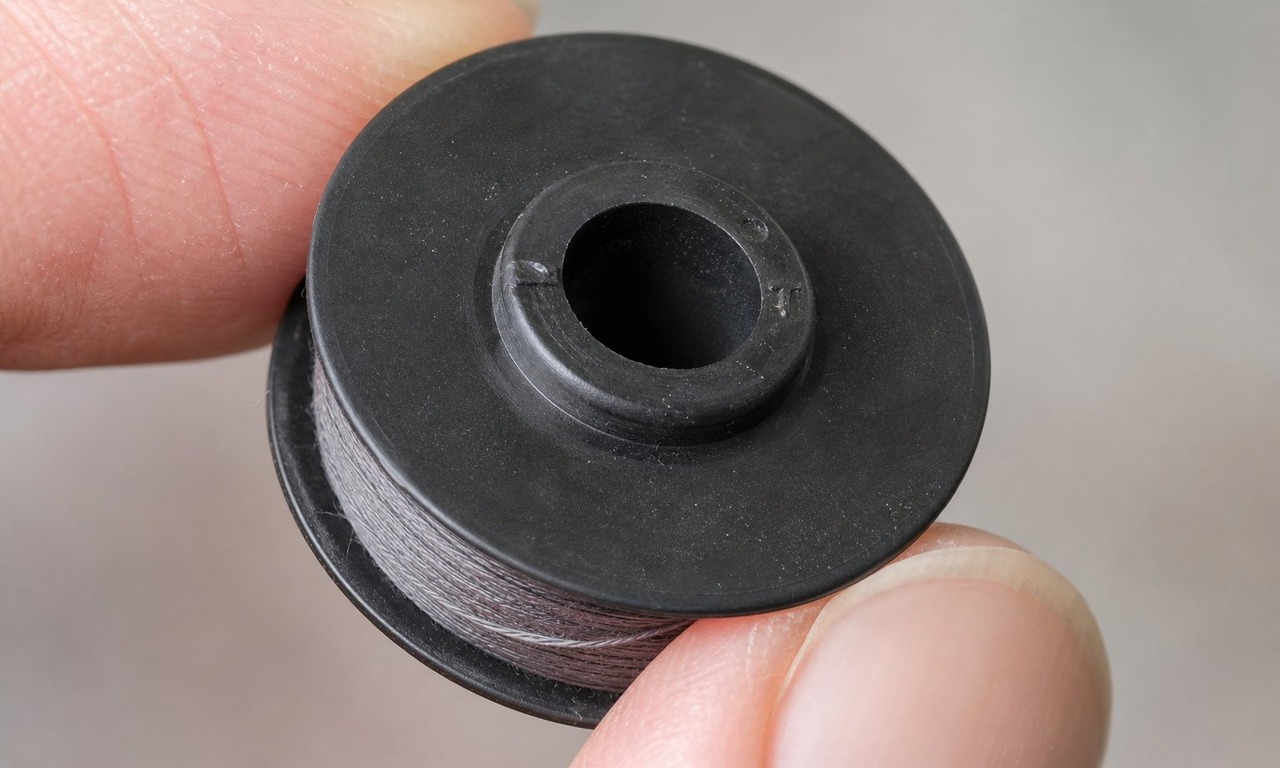 A Janome plastic Class 15 bobbin with the J stamp visible on its centre post
