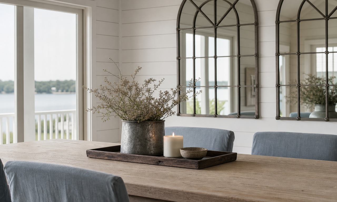 A dark wooden tray on a pale oak dining table holding a galvanised vase of low dried stems, one lit candle and a small bowl, with arched mirrors behind.