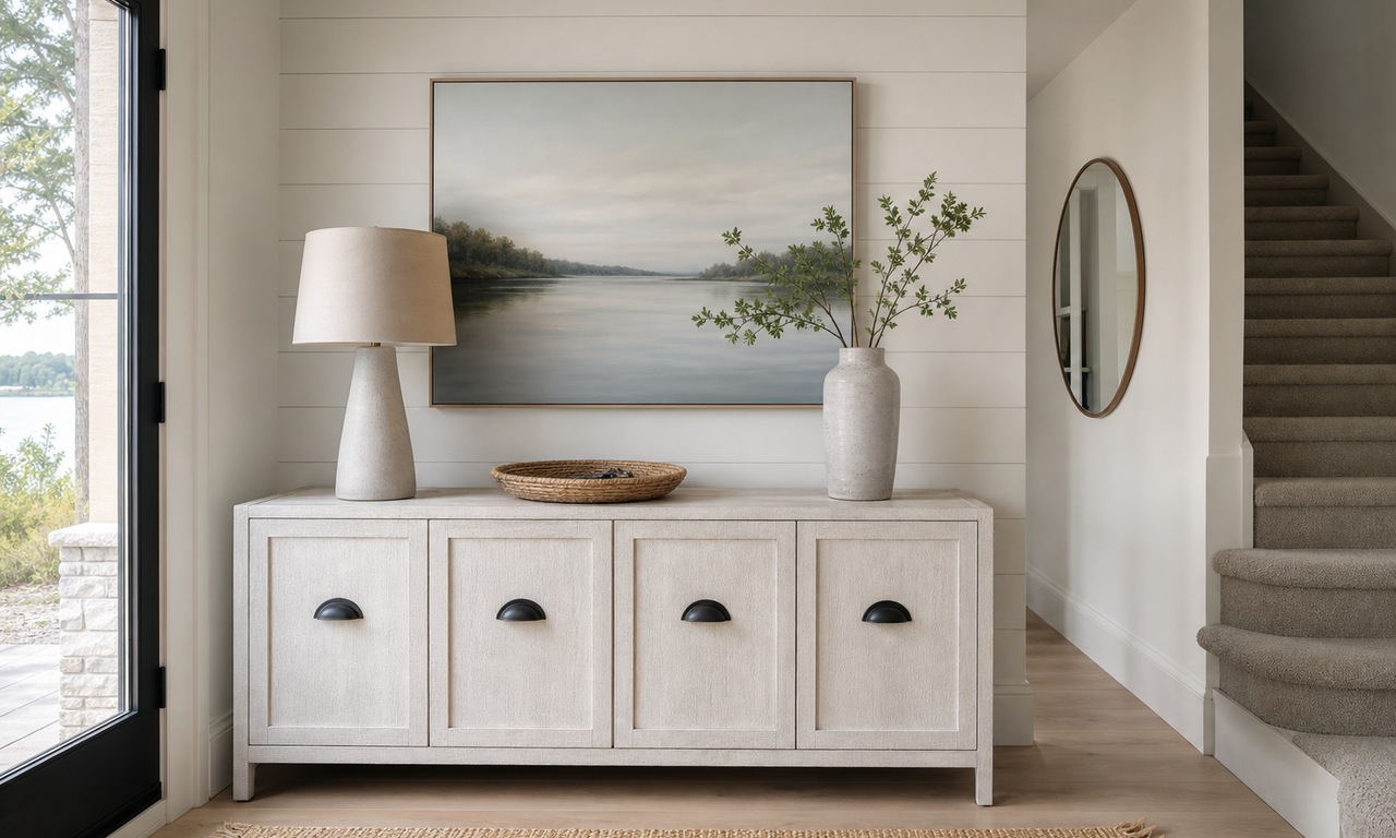 A white console in a lake house entryway with a single large landscape painting above it, a woven tray, a ceramic lamp and a tall vase of leafy stems.