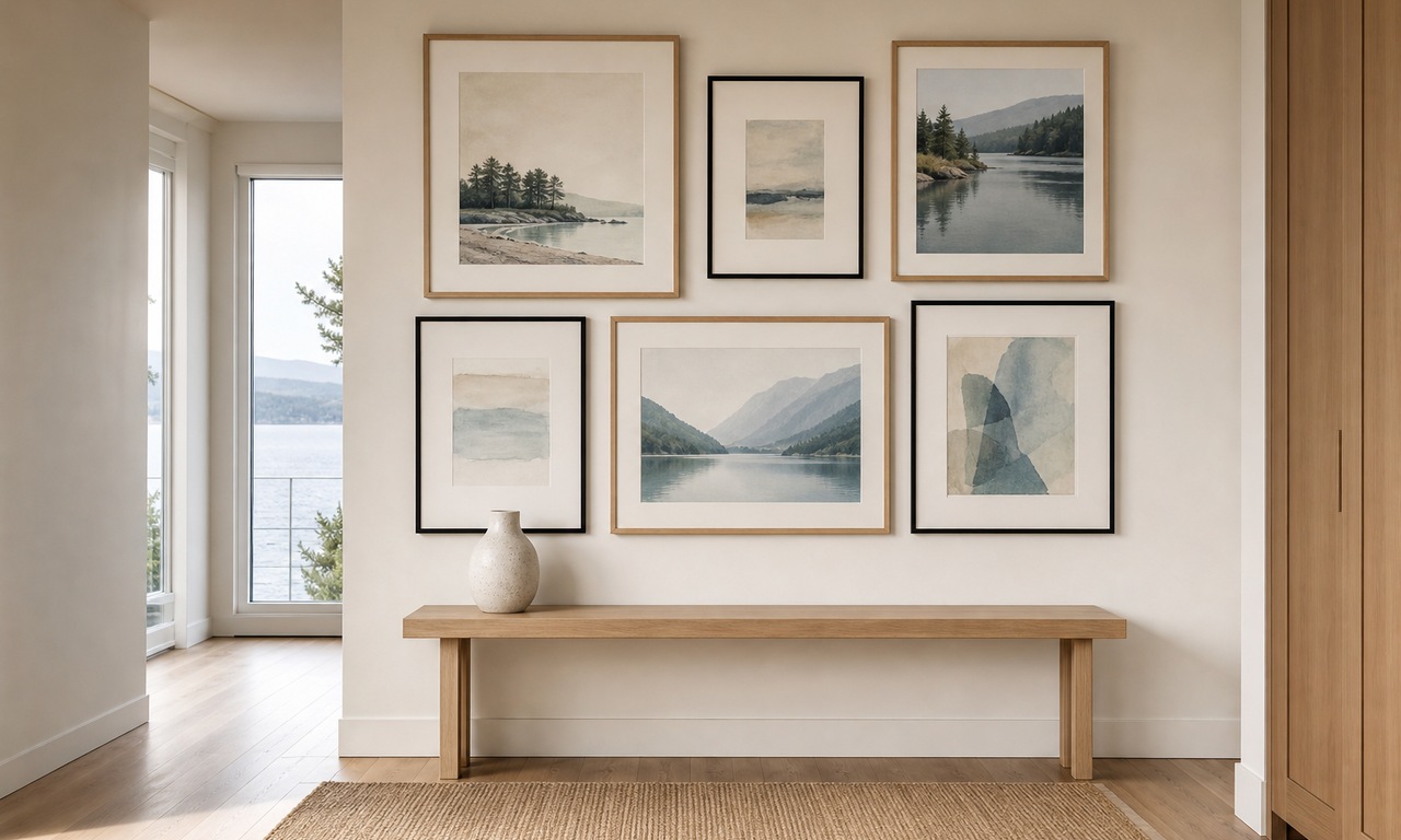 Six framed landscape prints hung as one block with constant gaps above a slim oak console in a hallway, with the centre of the group at eye level.