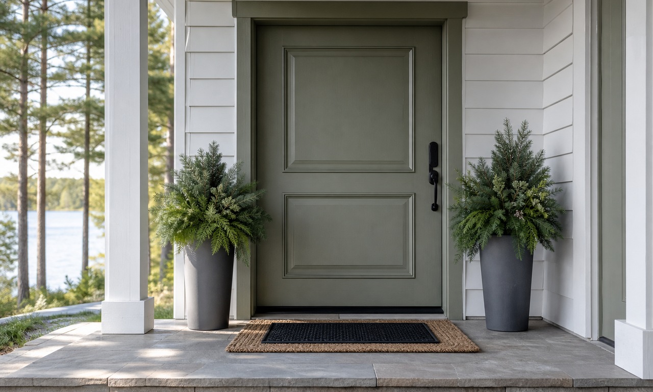 A sage green front door with a large braided mat on the step and a smaller dark rubber mat centred on top, flanked by two tall grey planters of greenery.