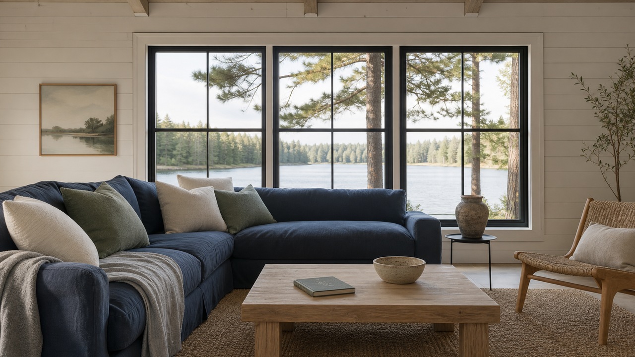 A calm lakeside living room with a navy sectional sofa, sage and cream cushions and a wall of black-framed windows looking onto a lake and pine trees.
