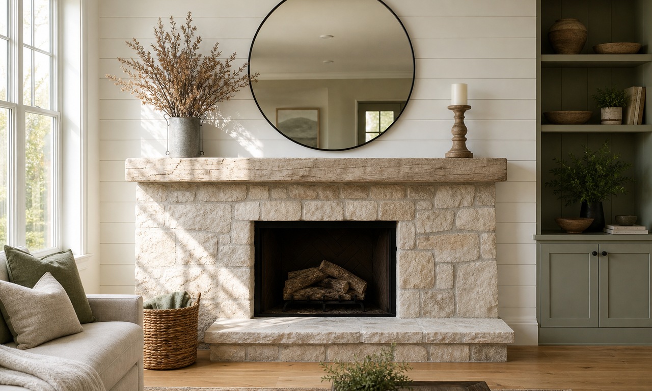 A round mirror with a thin black frame above a pale stone mantel shelf, styled with a galvanised vase of dried branches and a wooden candlestick.