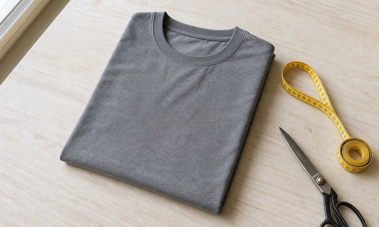 A finished boxy t-shirt folded flat on a pale wooden table beside a tape measure and a pair of shears
