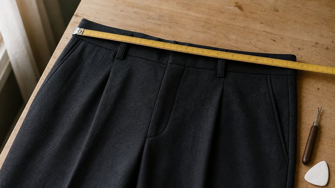 Dark charcoal trousers on a worktable with a tape measure across the waistband next to a seam ripper and tailor's chalk