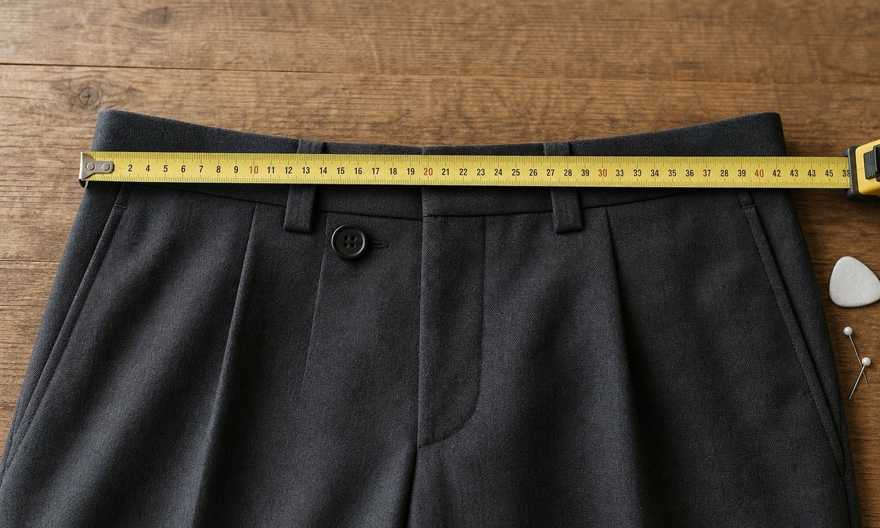 A tape measure laid across the flat waistband of dark trousers on a wooden table