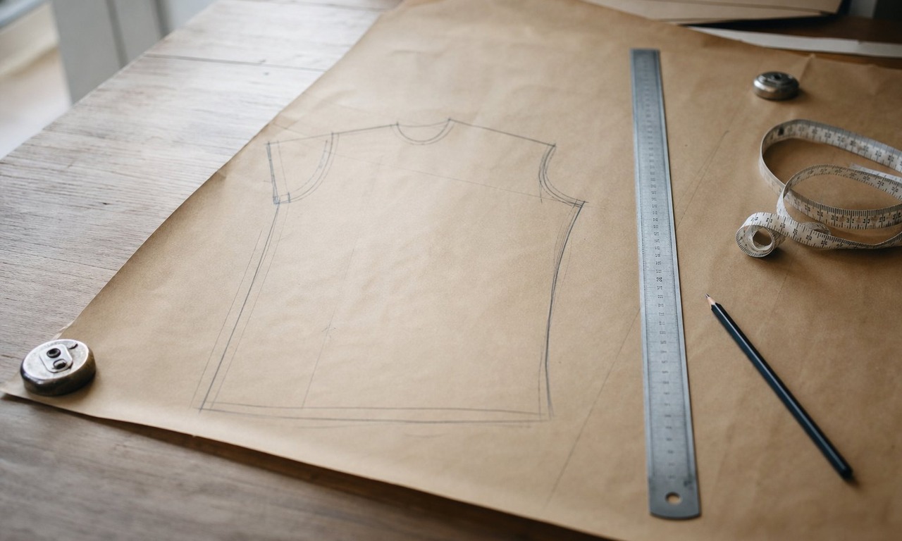 A paper pattern draft for a t-shirt on a wooden table with a long ruler, a pencil and a tape measure holding the paper flat