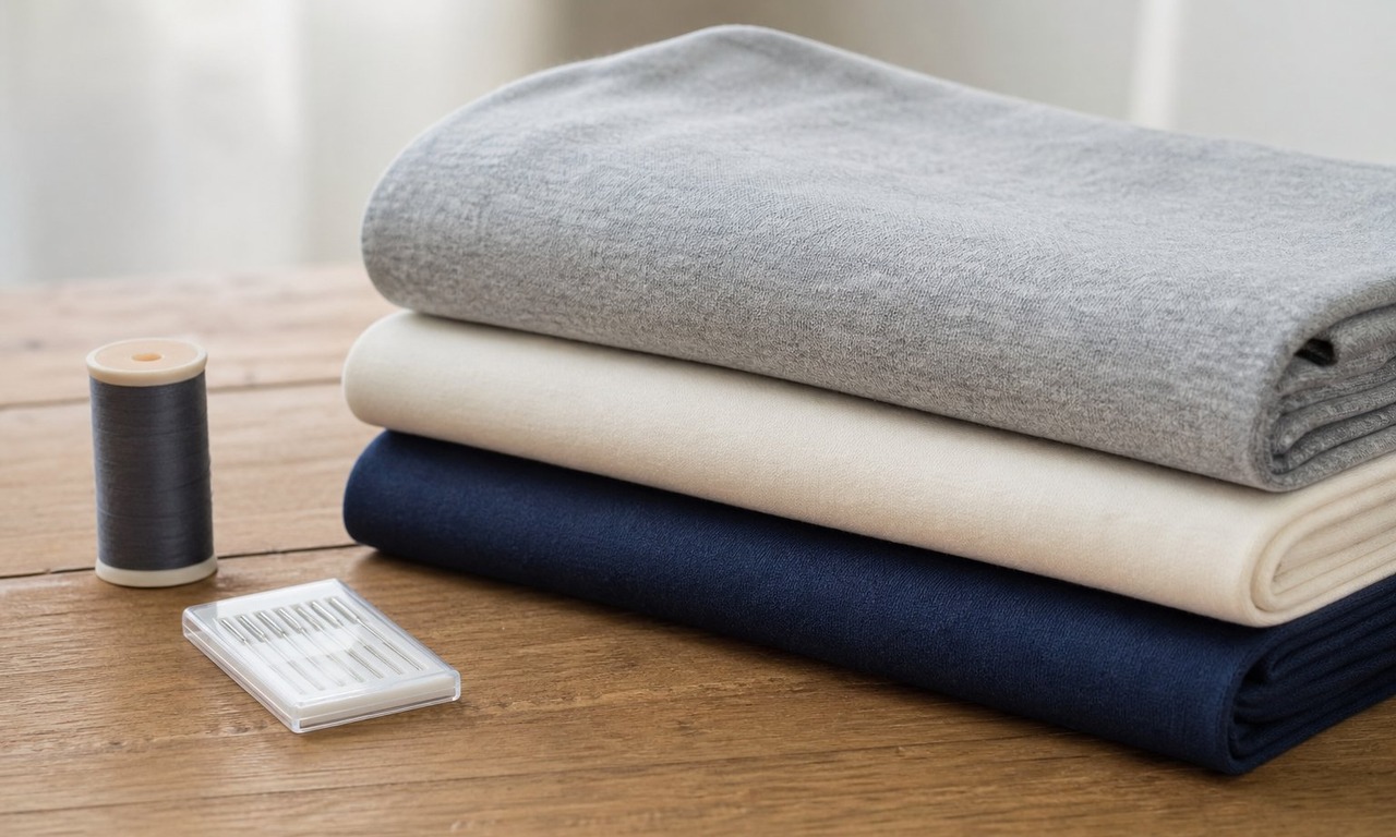 Folded lengths of cotton jersey in neutral colours stacked beside a packet of ballpoint needles and a spool of thread