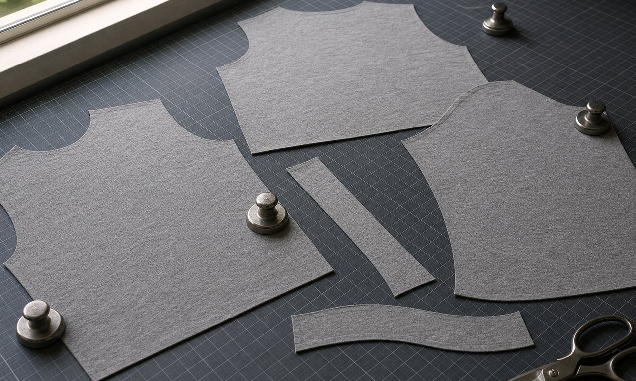 T-shirt pattern pieces cut from grey cotton jersey on a cutting table with pattern weights and shears