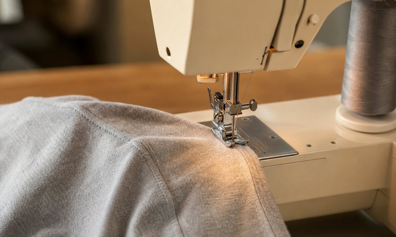 A sewing machine stitching a shoulder seam on grey jersey with the fabric feeding under the presser foot