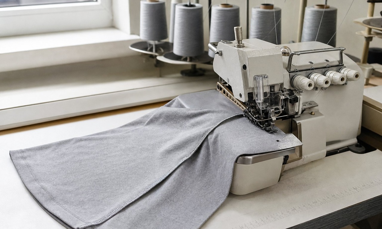 A serger finishing a side seam on a jersey t-shirt with the seam running from the sleeve cuff to the hem