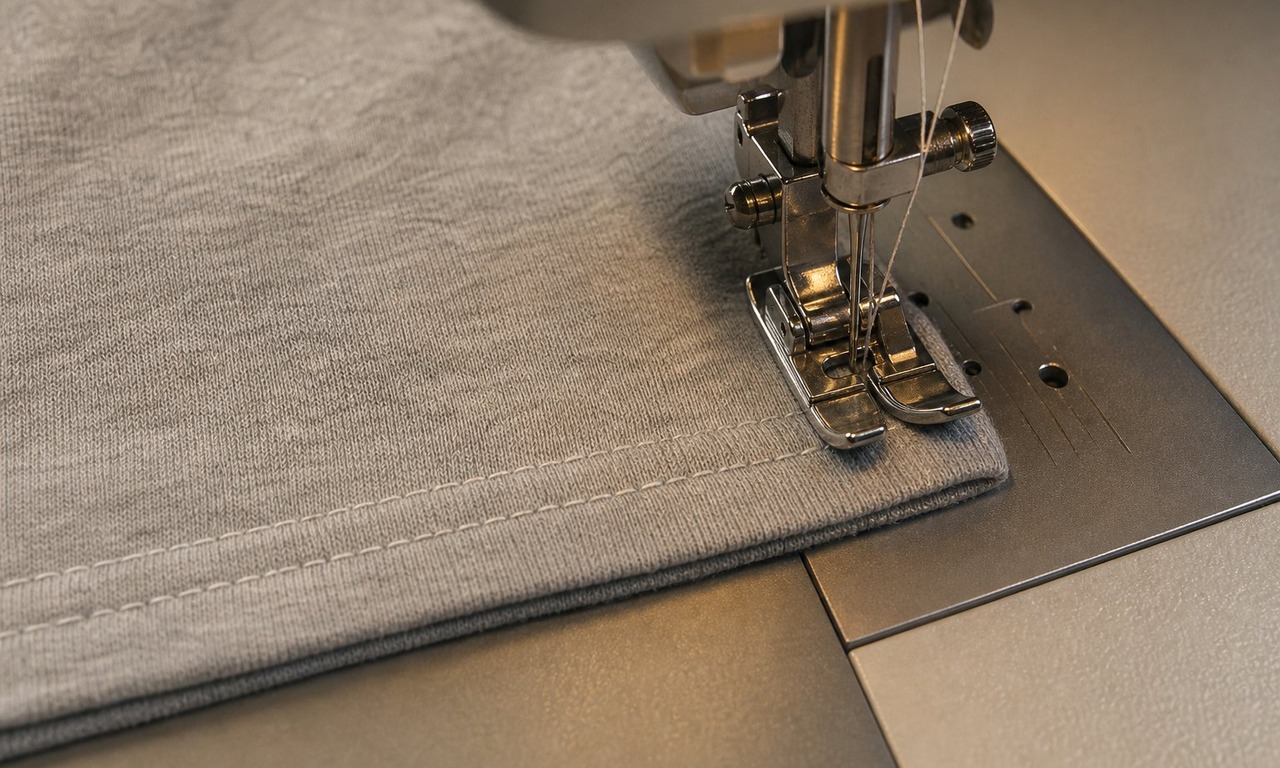 The bottom hem of a grey t-shirt under a sewing machine needle with a twin needle fitted and the seam running level