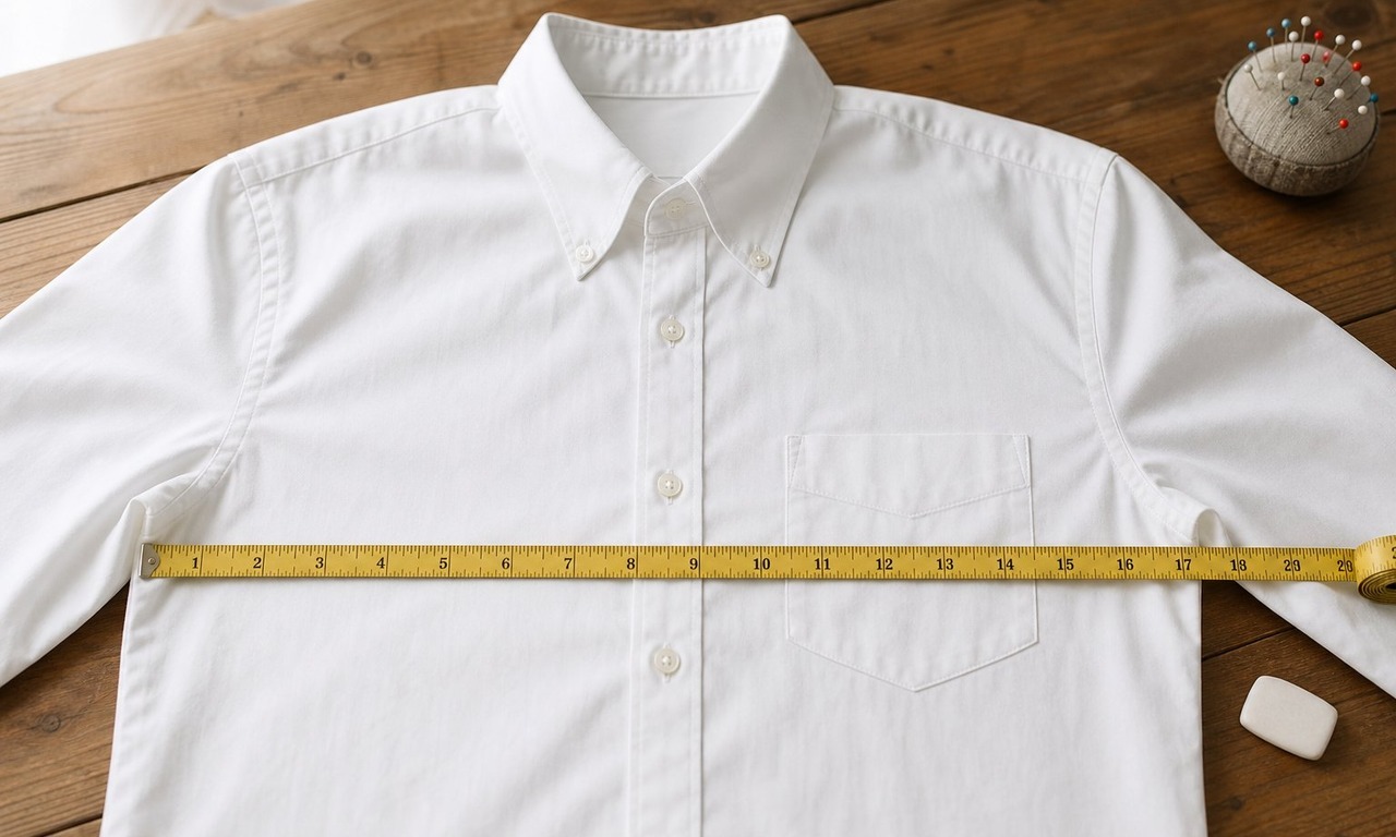 A men's checked shirt laid flat on a cutting table with a tape measure across the chest and tailor's chalk marks at the side seam